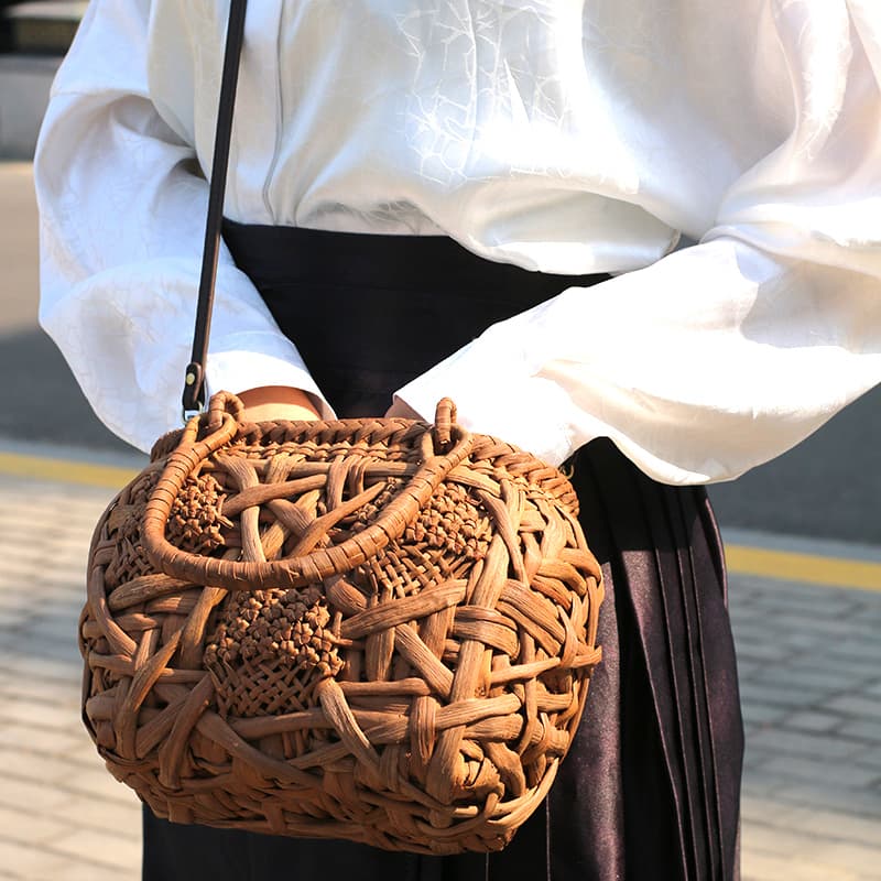 カゴバッグ 網代編み花結び手提げかご