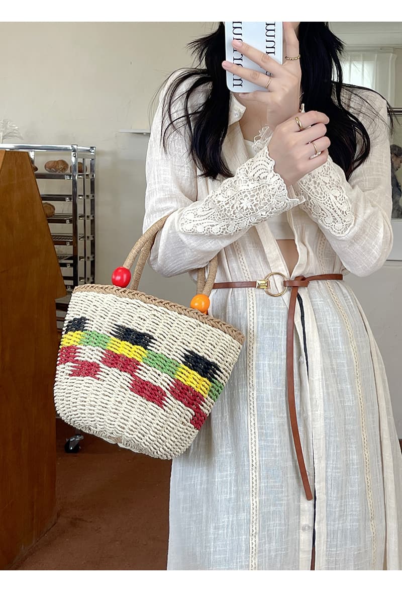 カゴバッグ 彩り編み込み カラフルボール付き かごバッグ