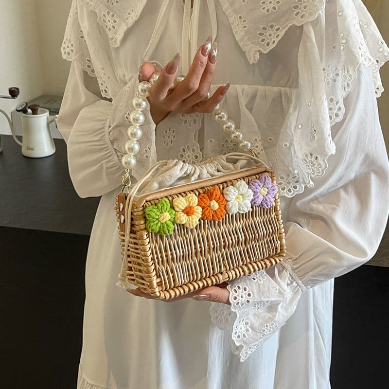 カゴバッグ 花飾り パール持ち手 かごハンドバッグ