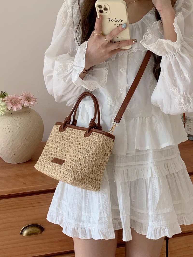 カゴバッグ 夏の優美 手編みナチュラルハンドバッグ