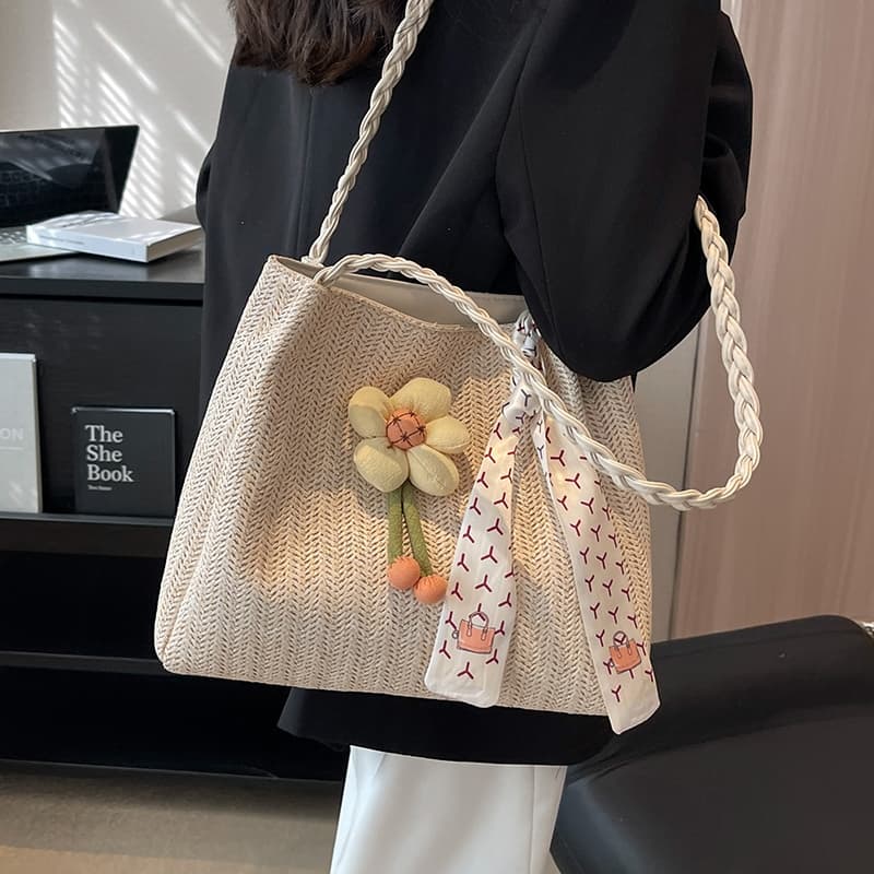 カゴバッグ 花飾り編みクラフトかごバッグ