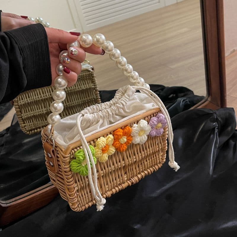 カゴバッグ 花飾り パール持ち手 かごハンドバッグ