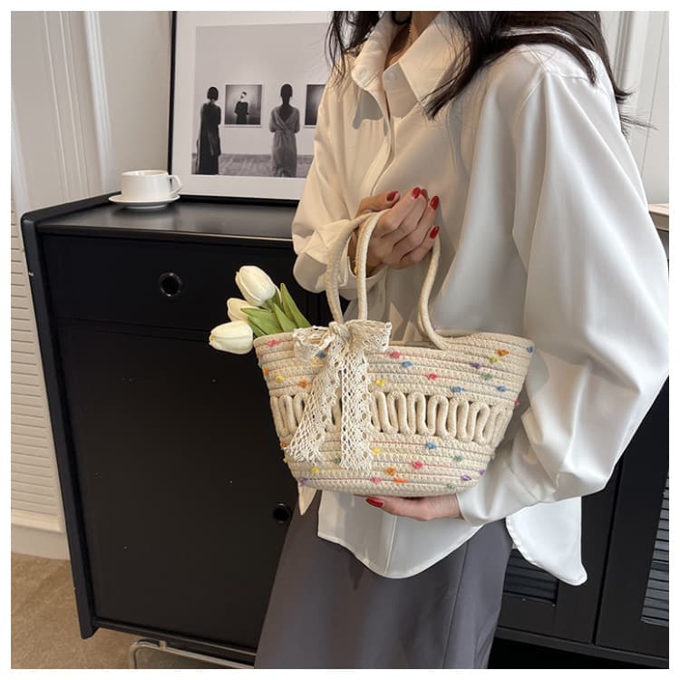 カゴバッグ 麦わら編みレースリボンかごバッグ