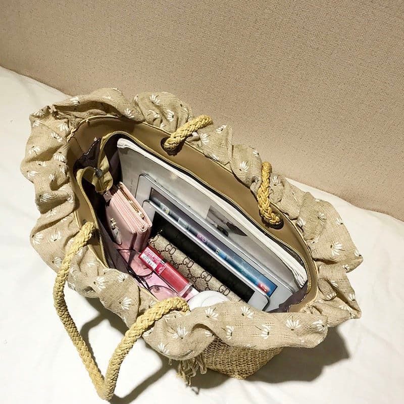 カゴバッグ フリル巾着付き編み込みトート型カゴバッグ