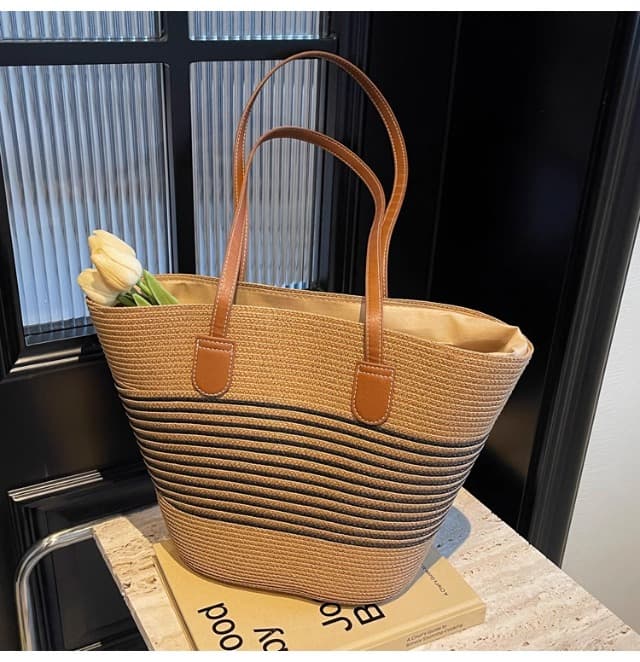 カゴバッグ 麦わら風ストライプ柄トートかごバッグ