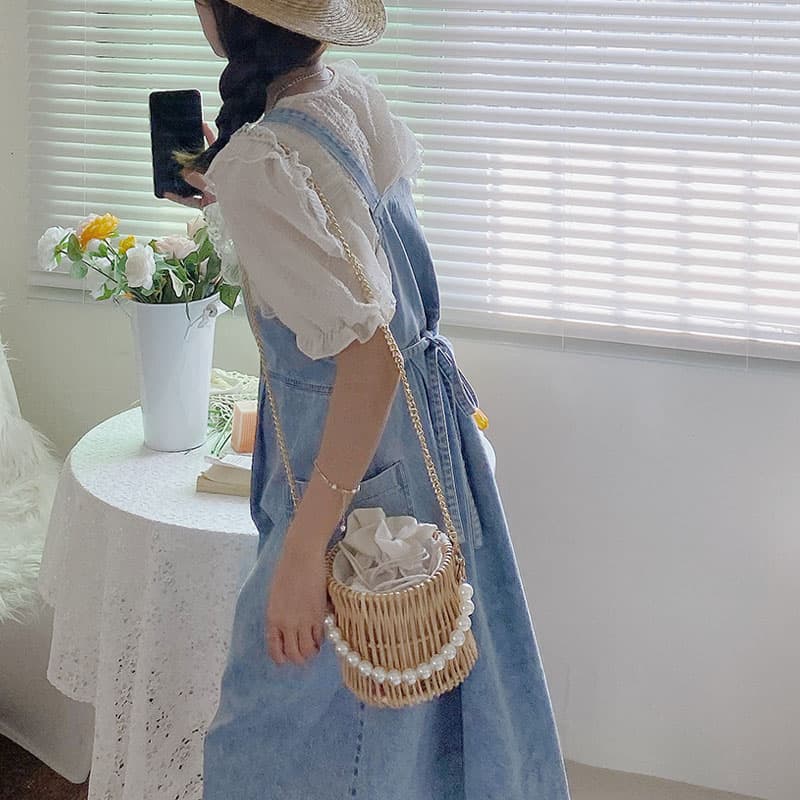真珠飾り巾着風ミニカゴバッグ