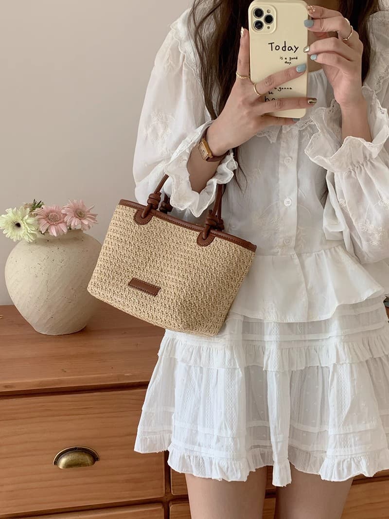 カゴバッグ 夏の優美 手編みナチュラルハンドバッグ