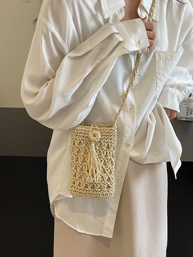 カゴバッグ 麻紐編み手作りタッセル付きミニショルダー