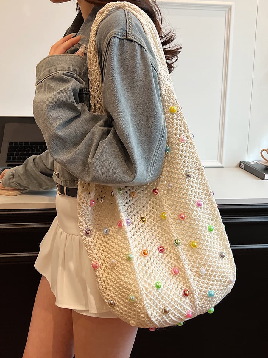 カゴバッグ 彩り玉飾りメッシュ編みショルダーバッグ