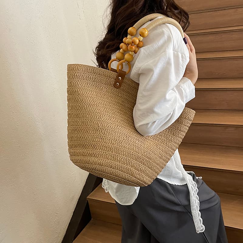 カゴバッグ 天然素材 木玉持ち手 かごトートバッグ