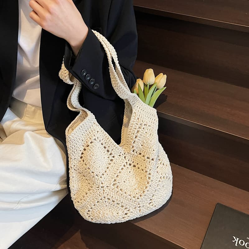 カゴバッグ かぎ針編み ナチュラル ショルダートート