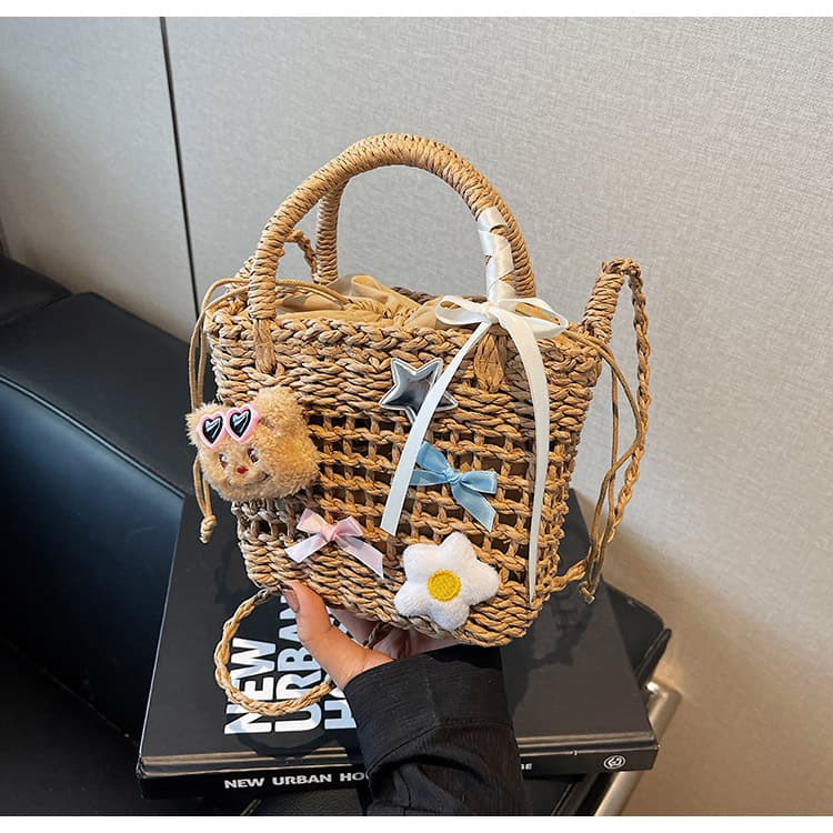 カゴバッグ カゴバッグ かわいい装飾付き籐編みミニバッグ