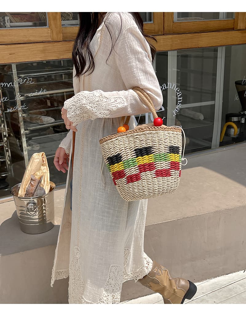 カゴバッグ 彩り編み込み カラフルボール付き かごバッグ