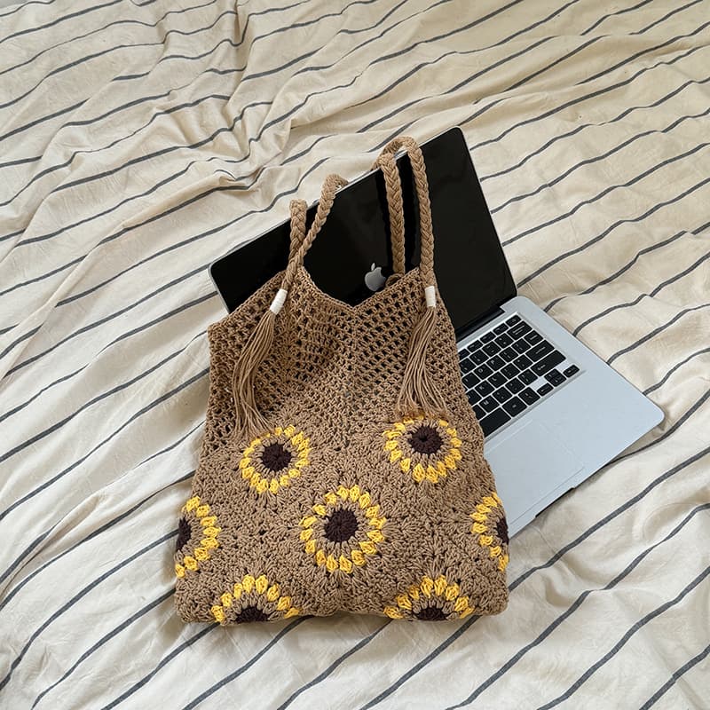カゴバッグ カゴバッグ ひまわり柄メッシュトート