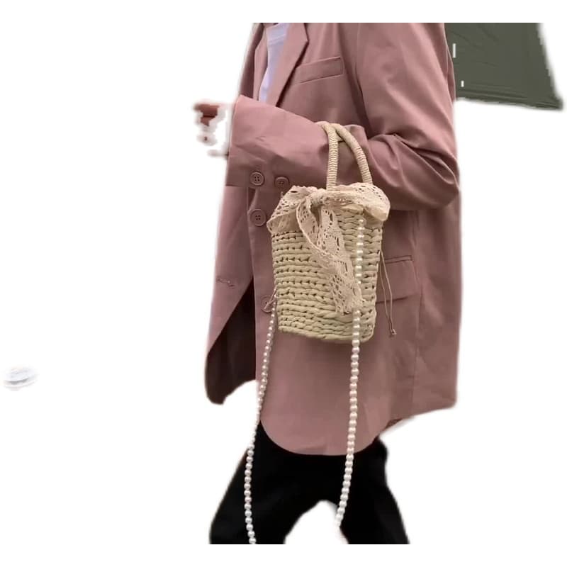カゴバッグ 手編み風リボン付き円筒形かご持ち手鞄
