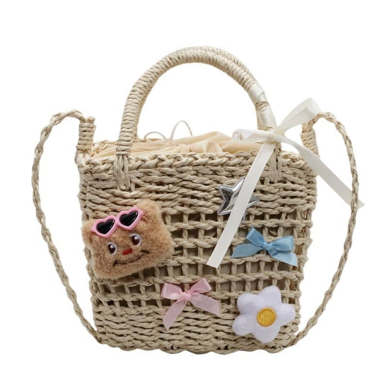 カゴバッグ カゴバッグ かわいい装飾付き籐編みミニバッグ