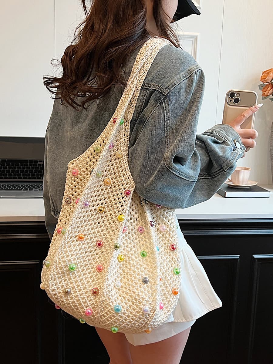 カゴバッグ 彩り玉飾りメッシュ編みショルダーバッグ