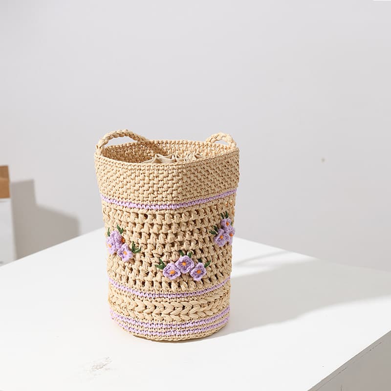 花刺繍入り円筒型カゴバッグ
