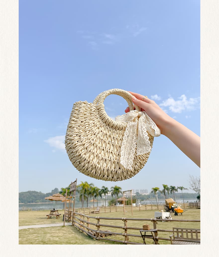 レース飾りカゴバッグ ナチュラル麻素材