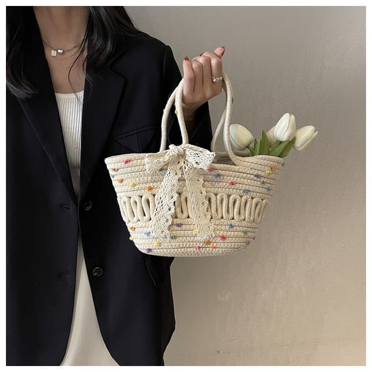 カゴバッグ 麦わら編みレースリボンかごバッグ