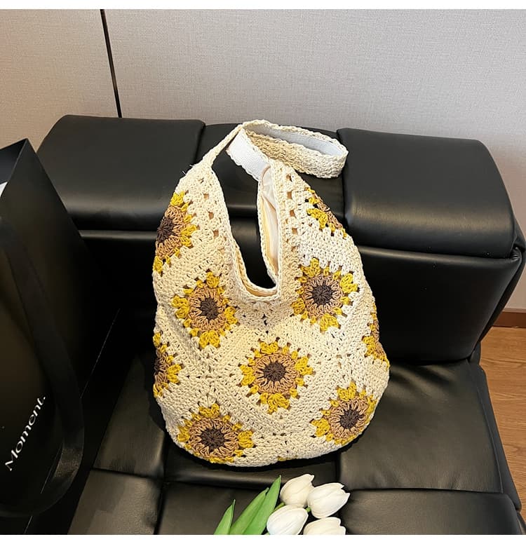 カゴバッグ ひまわり模様のかぎ針編みショルダーバッグ