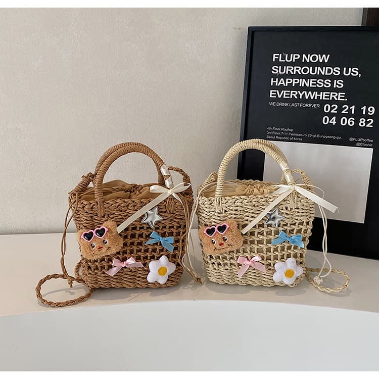 カゴバッグ カゴバッグ かわいい装飾付き籐編みミニバッグ