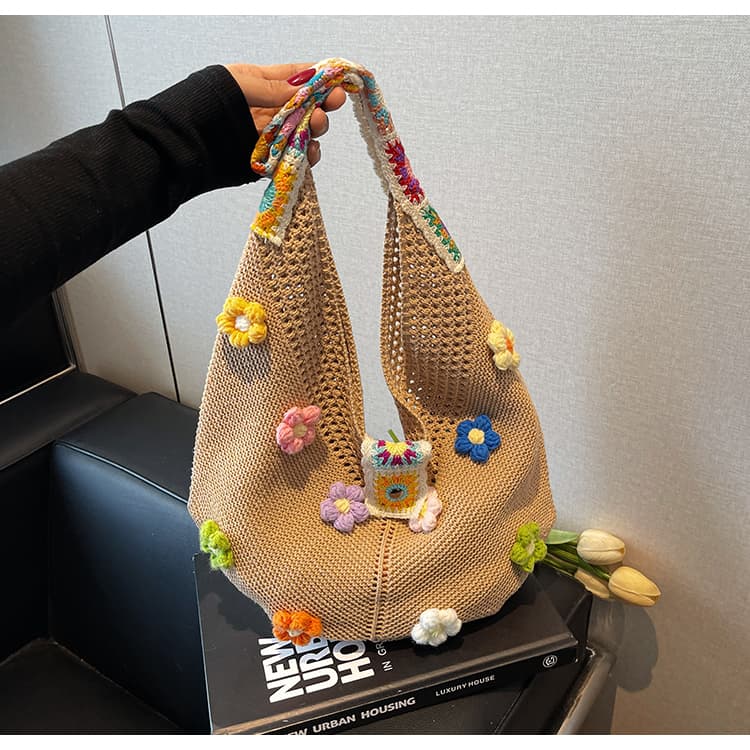 カゴバッグ 花咲く手編みメッシュショルダーバッグ