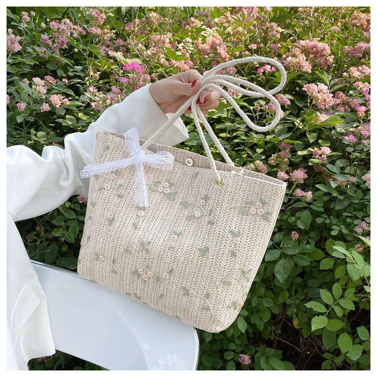 カゴバッグ 草花模様入り 涼やか麻縄トートバッグ