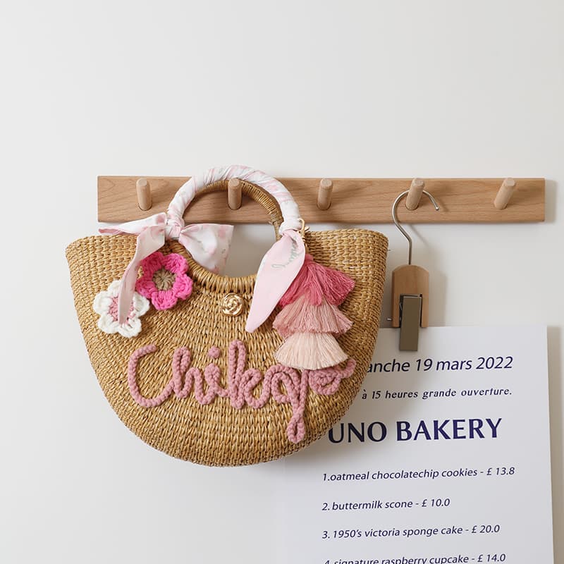 カゴバッグ 刺繍タッセル付きリゾートかごバッグ