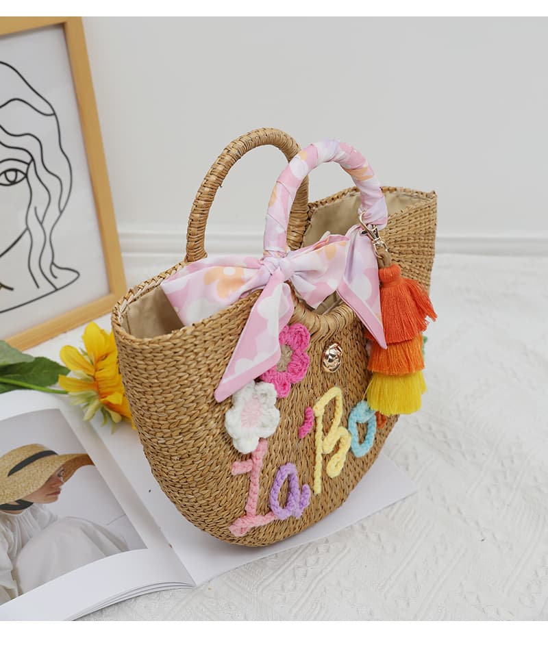 カゴバッグ 刺繍タッセル付きリゾートかごバッグ