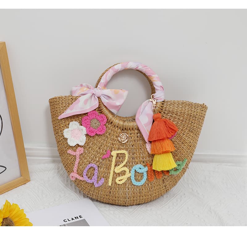 カゴバッグ 刺繍タッセル付きリゾートかごバッグ