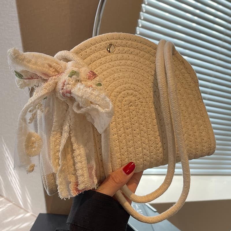 花刺繍レースリボンカゴバッグ