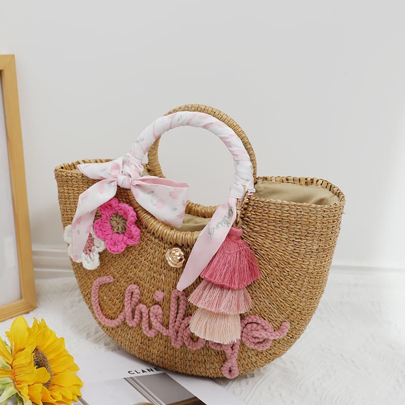 カゴバッグ 刺繍タッセル付きリゾートかごバッグ