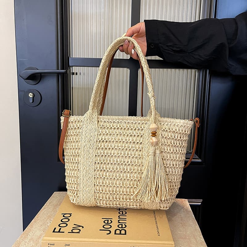 カゴバッグ 麻編み装飾タッセル付きトートバッグ