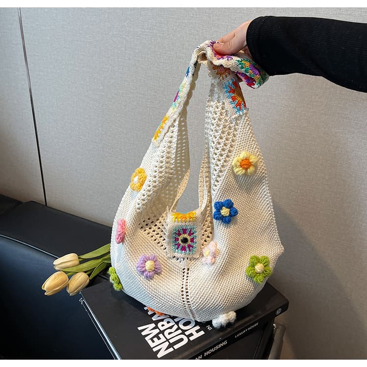 カゴバッグ 花咲く手編みメッシュショルダーバッグ