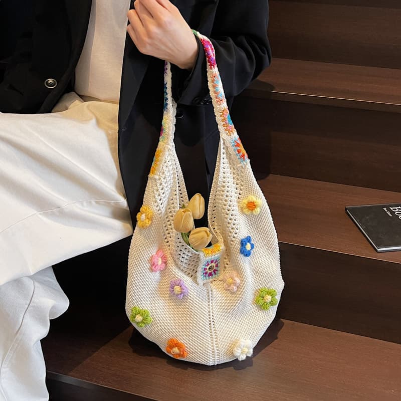 カゴバッグ 花咲く手編みメッシュショルダーバッグ