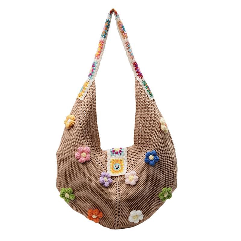 カゴバッグ 花咲く手編みメッシュショルダーバッグ
