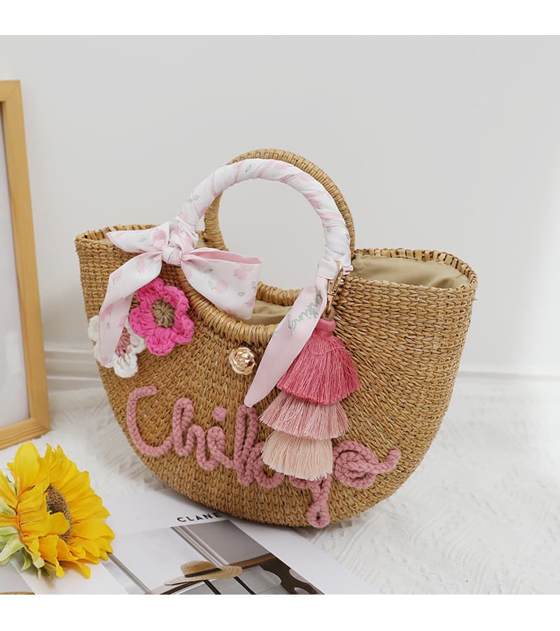 カゴバッグ 刺繍タッセル付きリゾートかごバッグ