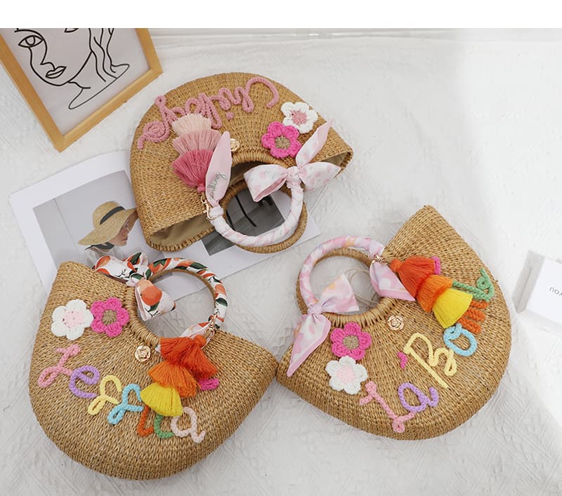 カゴバッグ 刺繍タッセル付きリゾートかごバッグ