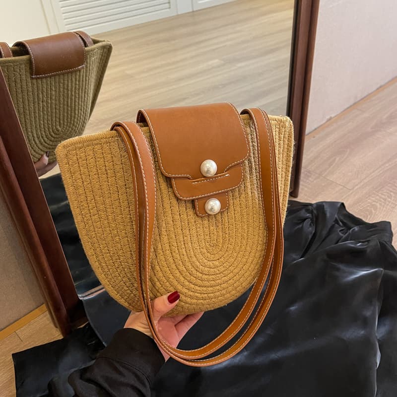 カゴバッグ 半円型 パール留め 編みかごショルダーバッグ