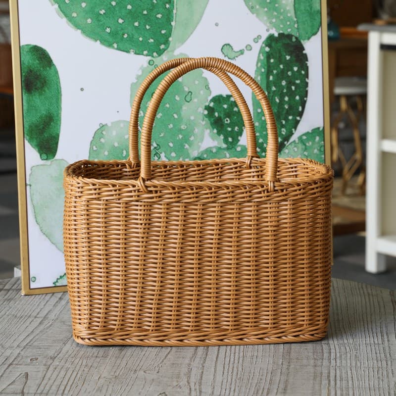 カゴバッグ 天然素材編み込み四角型持ち手付きカゴバッグ