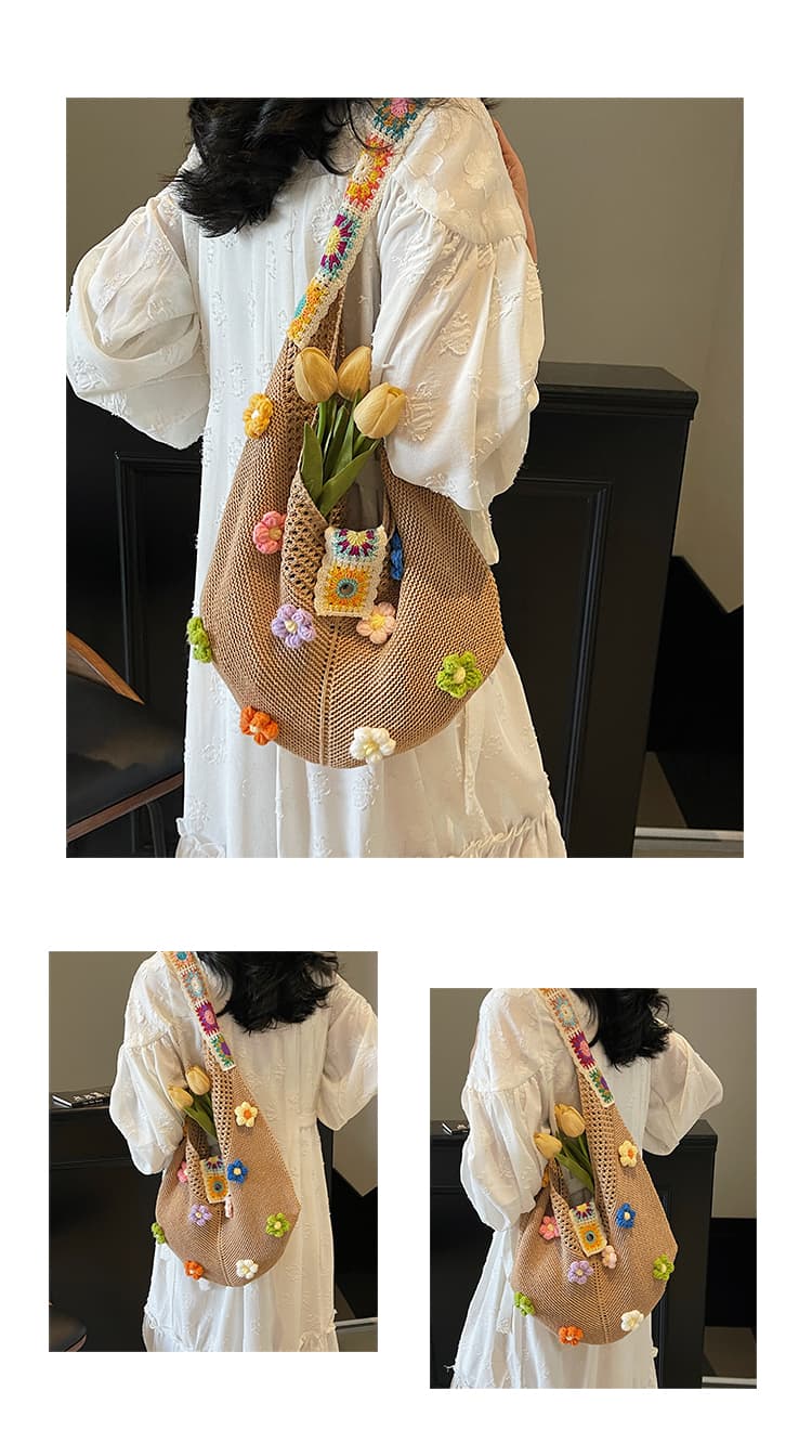カゴバッグ 花咲く手編みメッシュショルダーバッグ