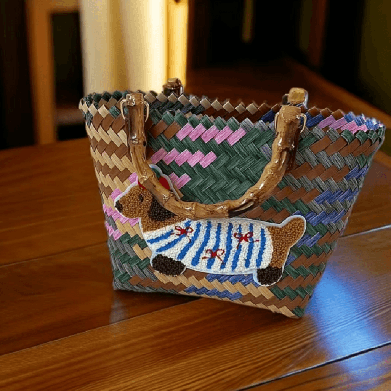カゴバッグ ダックス刺繍 竹持ち手かごバッグ