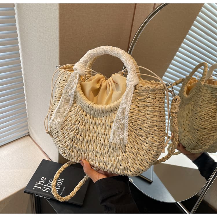 カゴバッグ レース飾り付き手編みかごハンドバッグ