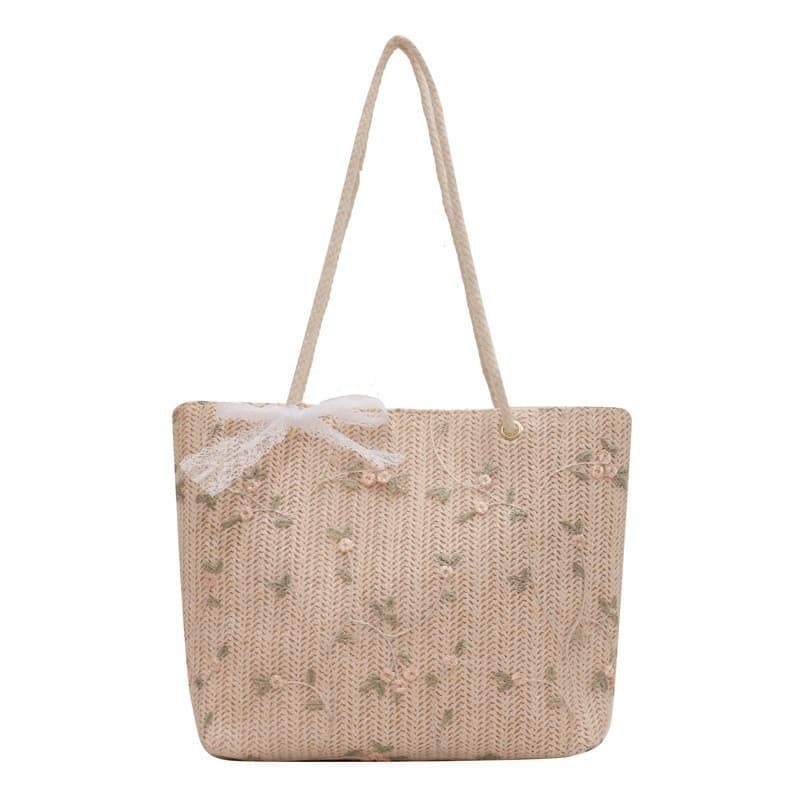 カゴバッグ 花刺繍リボン付きナチュラルトート