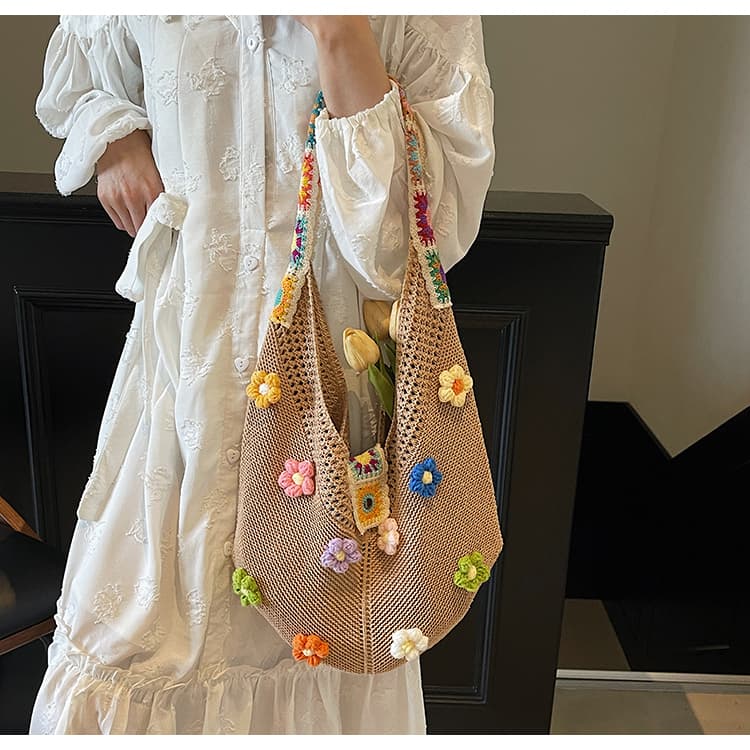 カゴバッグ 花咲く手編みメッシュショルダーバッグ