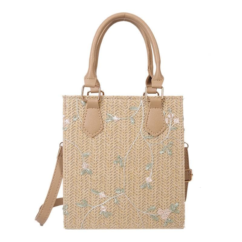 カゴバッグ 草花刺繍入りカゴ素材ミニハンドバッグ