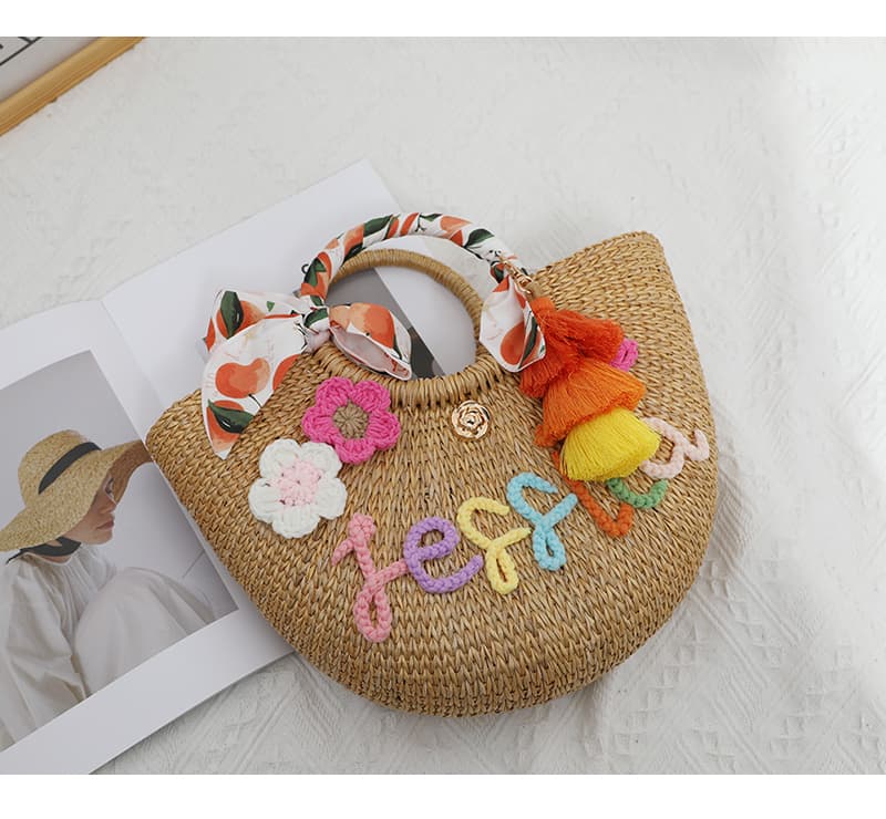カゴバッグ 刺繍タッセル付きリゾートかごバッグ